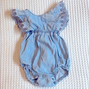 Blue Denim Baby Romper with Lace Sleeves